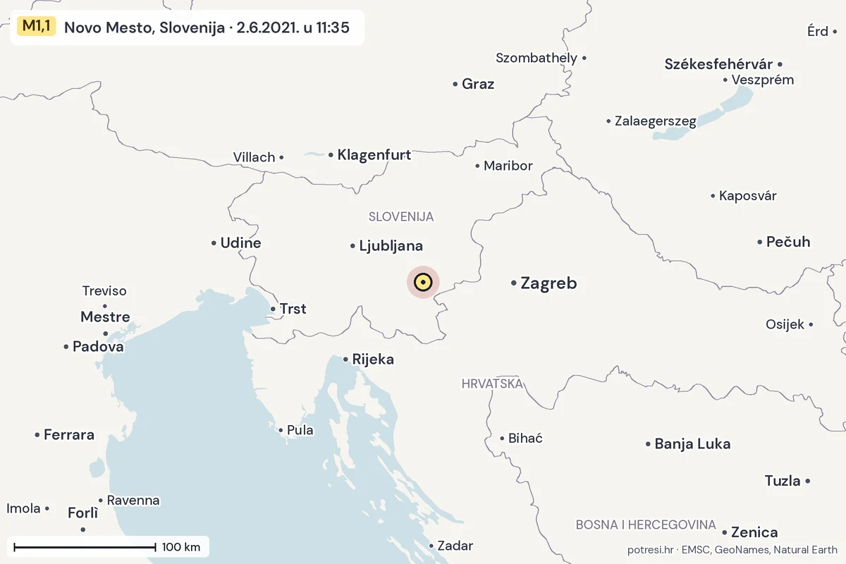 Karta: šire područje, 600 km, potres M1,1, Novo Mesto, Slovenija, 2.6.2021.