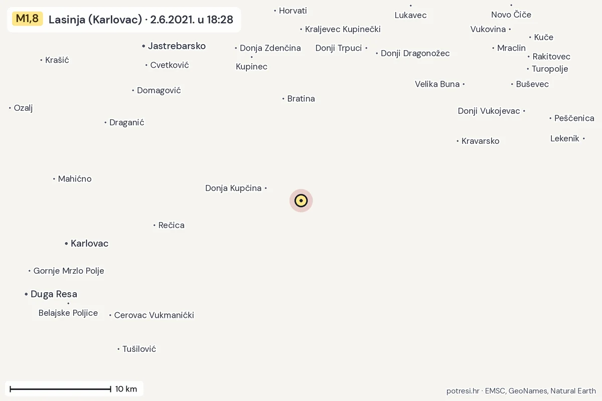 Karta: okolica epicentra, 60 km, potres M1,8, Lasinja (Karlovac), 2.6.2021.