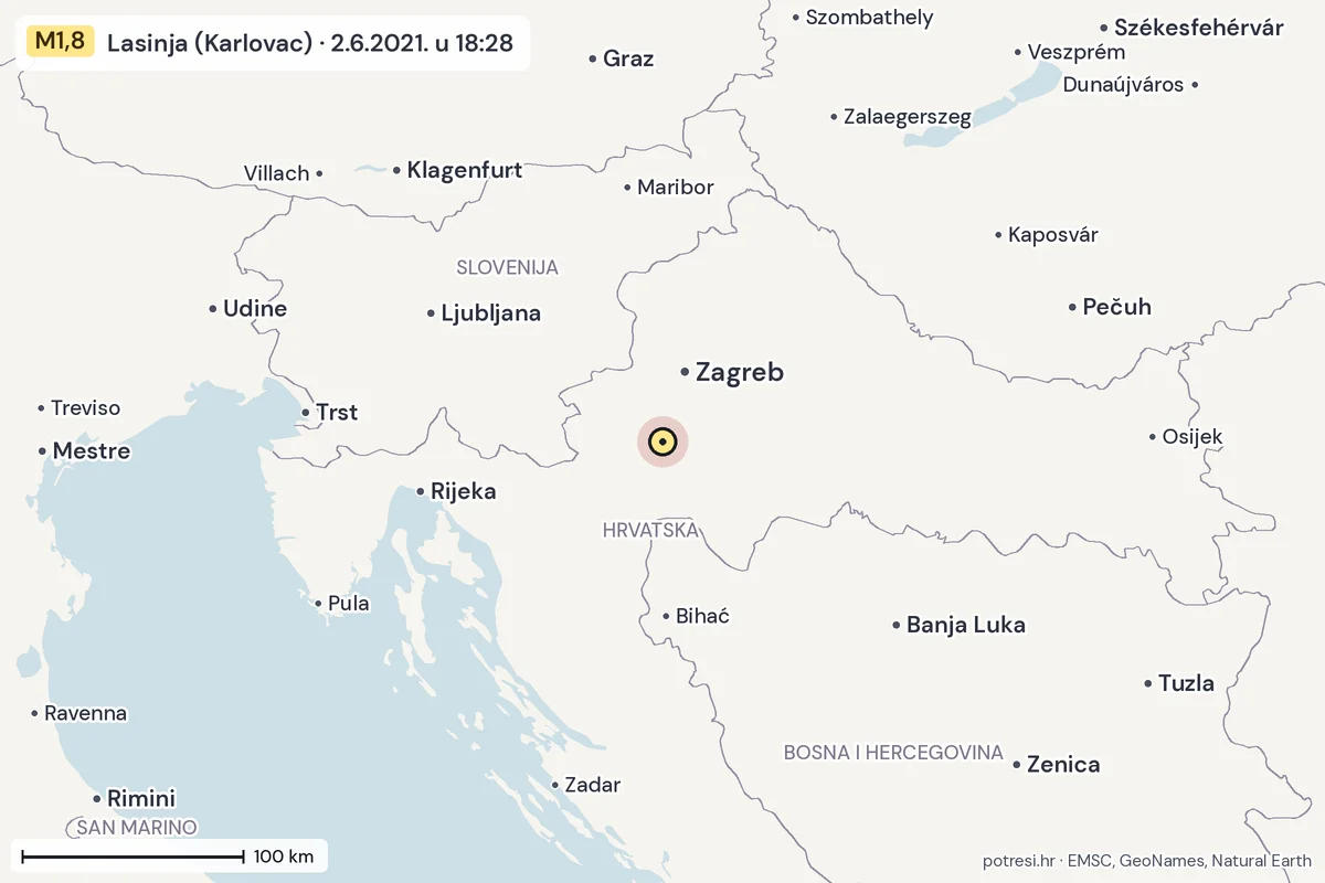 Karta: šire područje, 600 km, potres M1,8, Lasinja (Karlovac), 2.6.2021.
