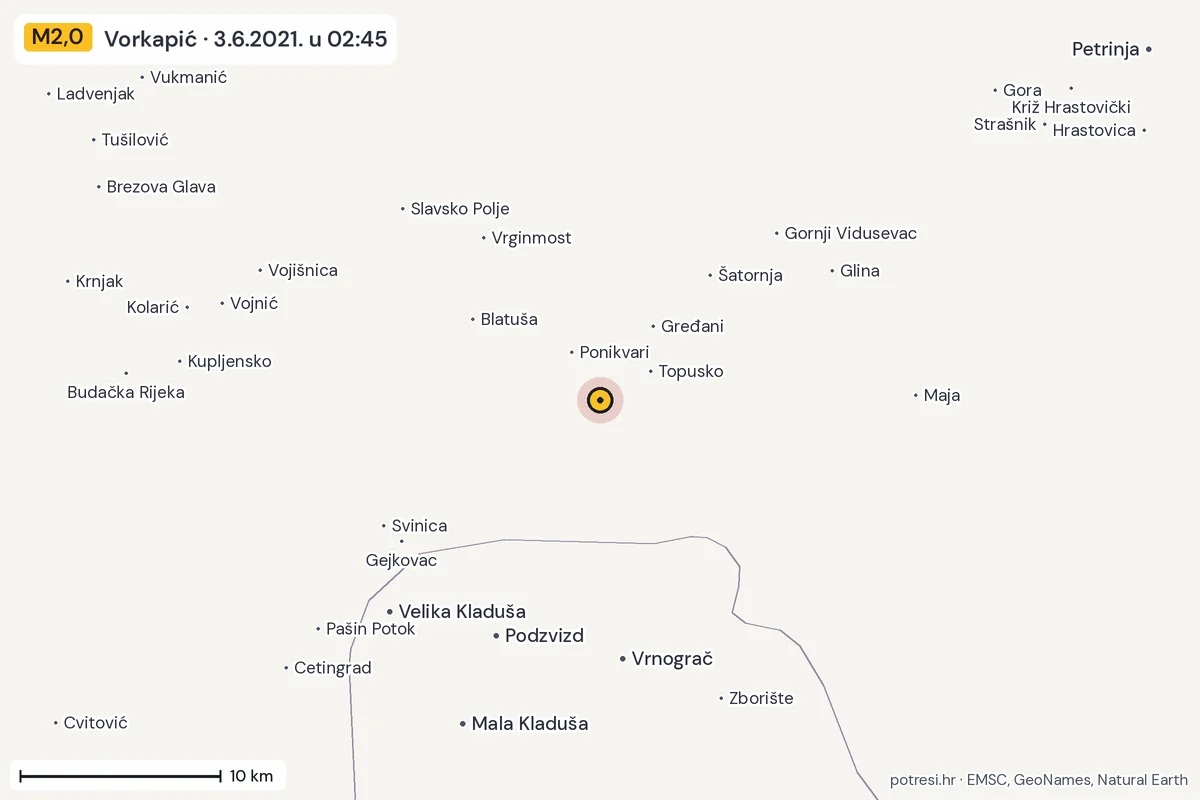 Karta: okolica epicentra, 60 km, potres M2,0, Vorkapić, 3.6.2021.