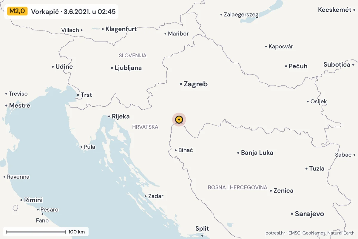 Karta: šire područje, 600 km, potres M2,0, Vorkapić, 3.6.2021.