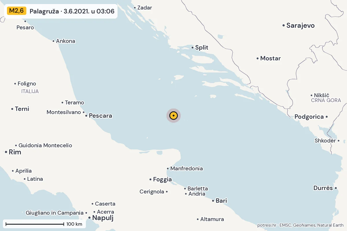 Karta: šire područje, 600 km, potres M2,6, Palagruža, 3.6.2021.