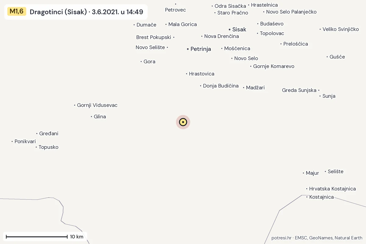 Karta: okolica epicentra, 60 km, potres M1,6, Dragotinci (Sisak), 3.6.2021.
