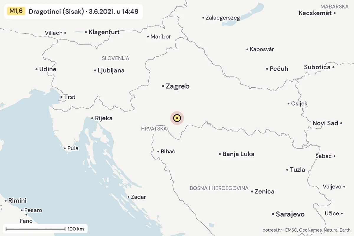 Karta: šire područje, 600 km, potres M1,6, Dragotinci (Sisak), 3.6.2021.