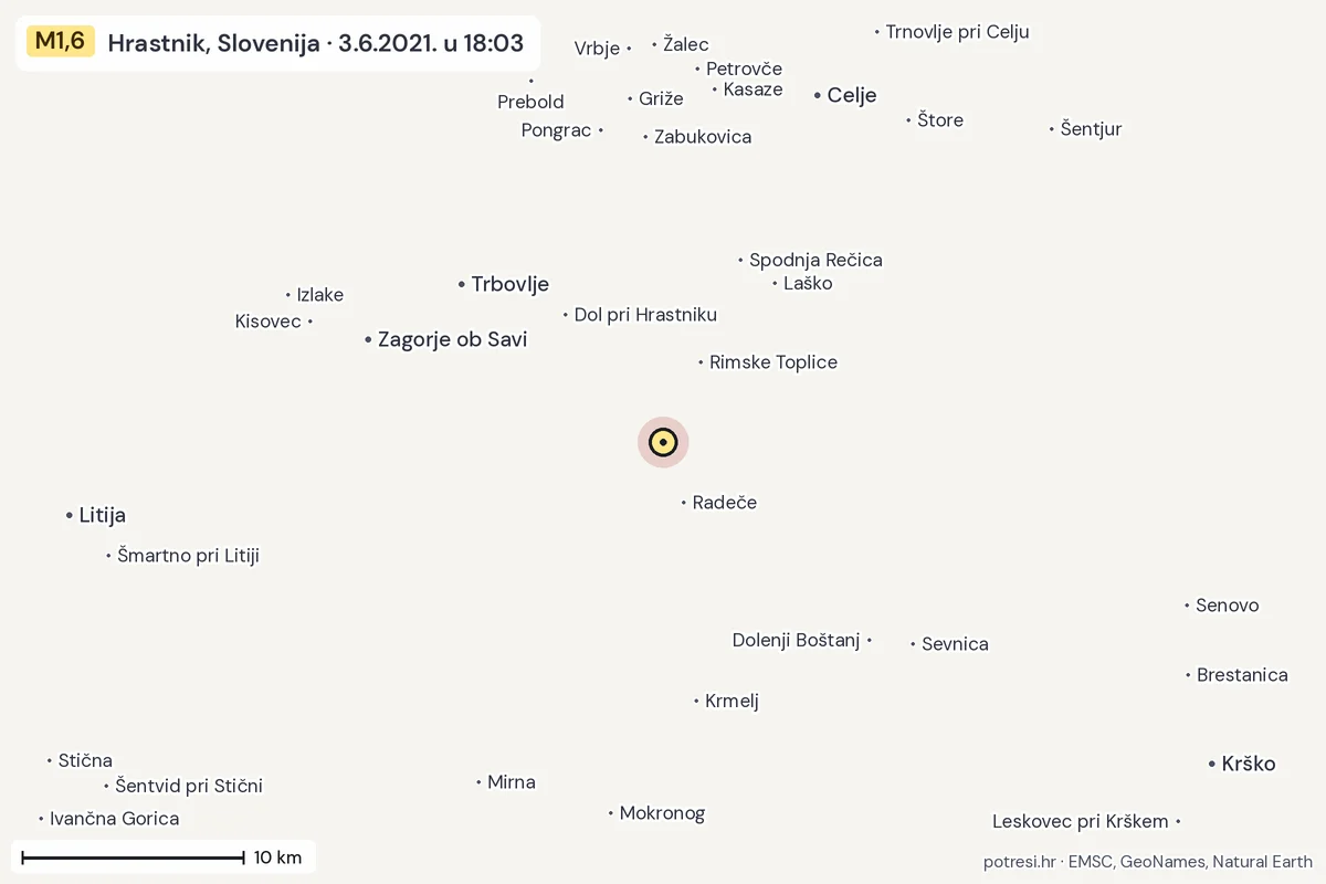 Karta: okolica epicentra, 60 km, potres M1,6, Hrastnik, Slovenija, 3.6.2021.