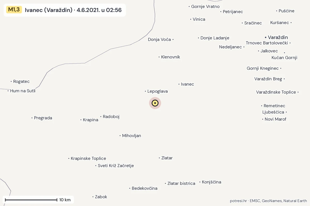 Karta: okolica epicentra, 60 km, potres M1,3, Ivanec (Varaždin), 4.6.2021.