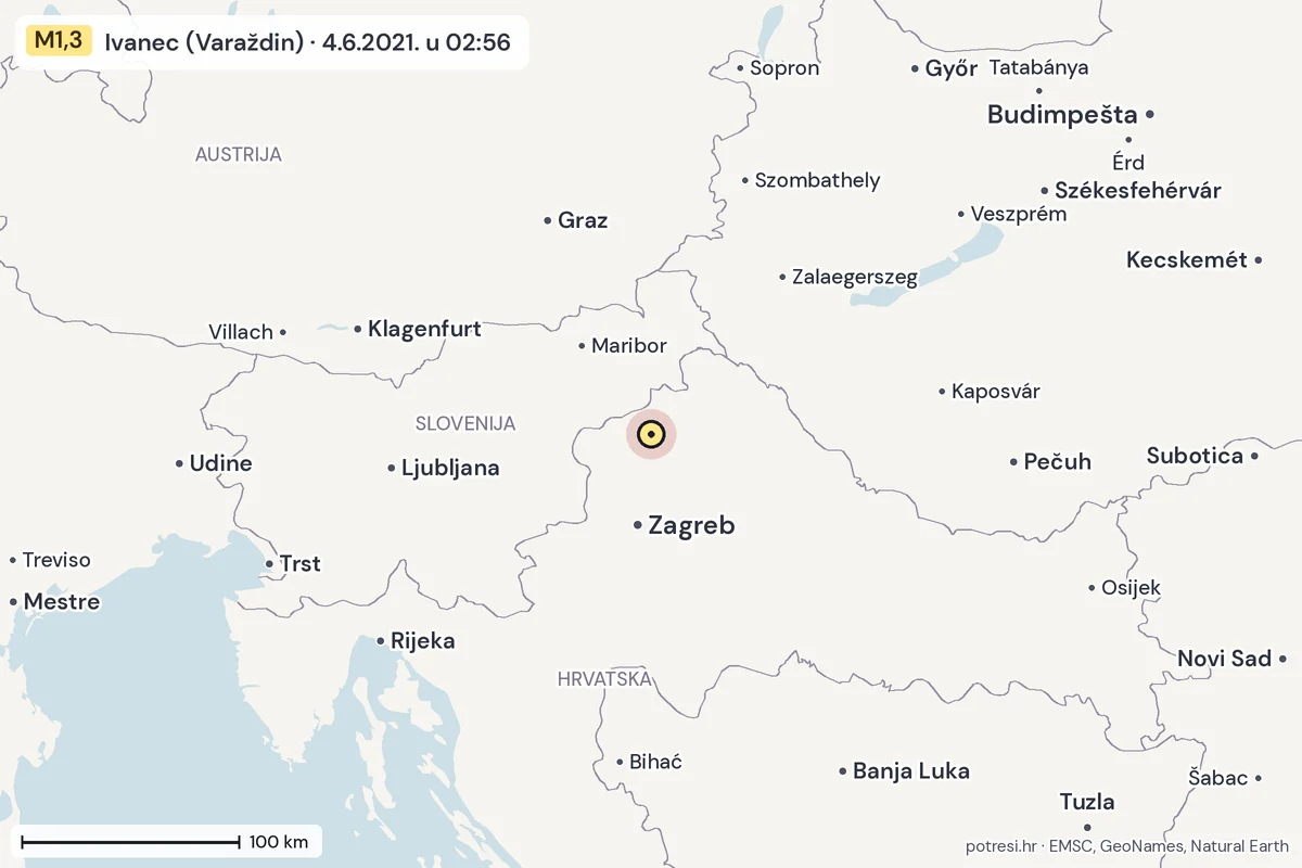 Karta: šire područje, 600 km, potres M1,3, Ivanec (Varaždin), 4.6.2021.