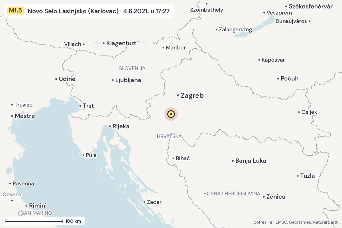 Karta: šire područje, 600 km, potres M1,5, Novo Selo Lasinjsko (Karlovac), 4.6.2021.