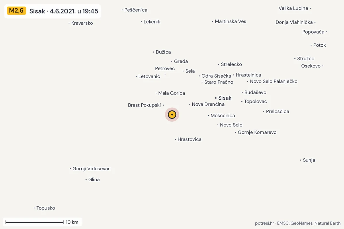 Karta: okolica epicentra, 60 km, potres M2,6, Sisak, 4.6.2021.