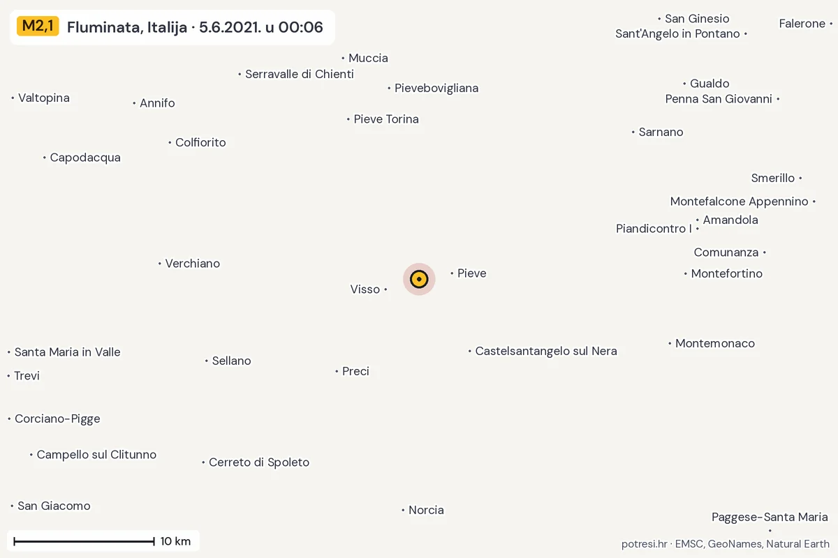 Karta: okolica epicentra, 60 km, potres M2,1, Fluminata, Italija, 5.6.2021.