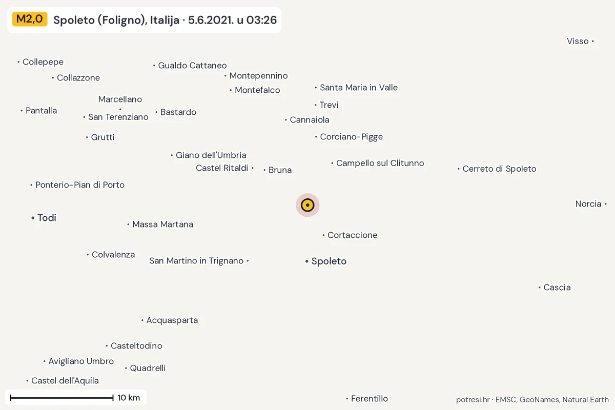 Karta: okolica epicentra, 60 km, potres M2,0, Spoleto (Foligno), Italija, 5.6.2021.