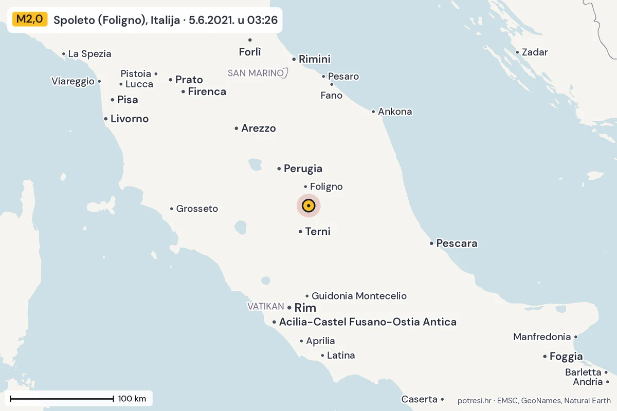 Karta: šire područje, 600 km, potres M2,0, Spoleto (Foligno), Italija, 5.6.2021.