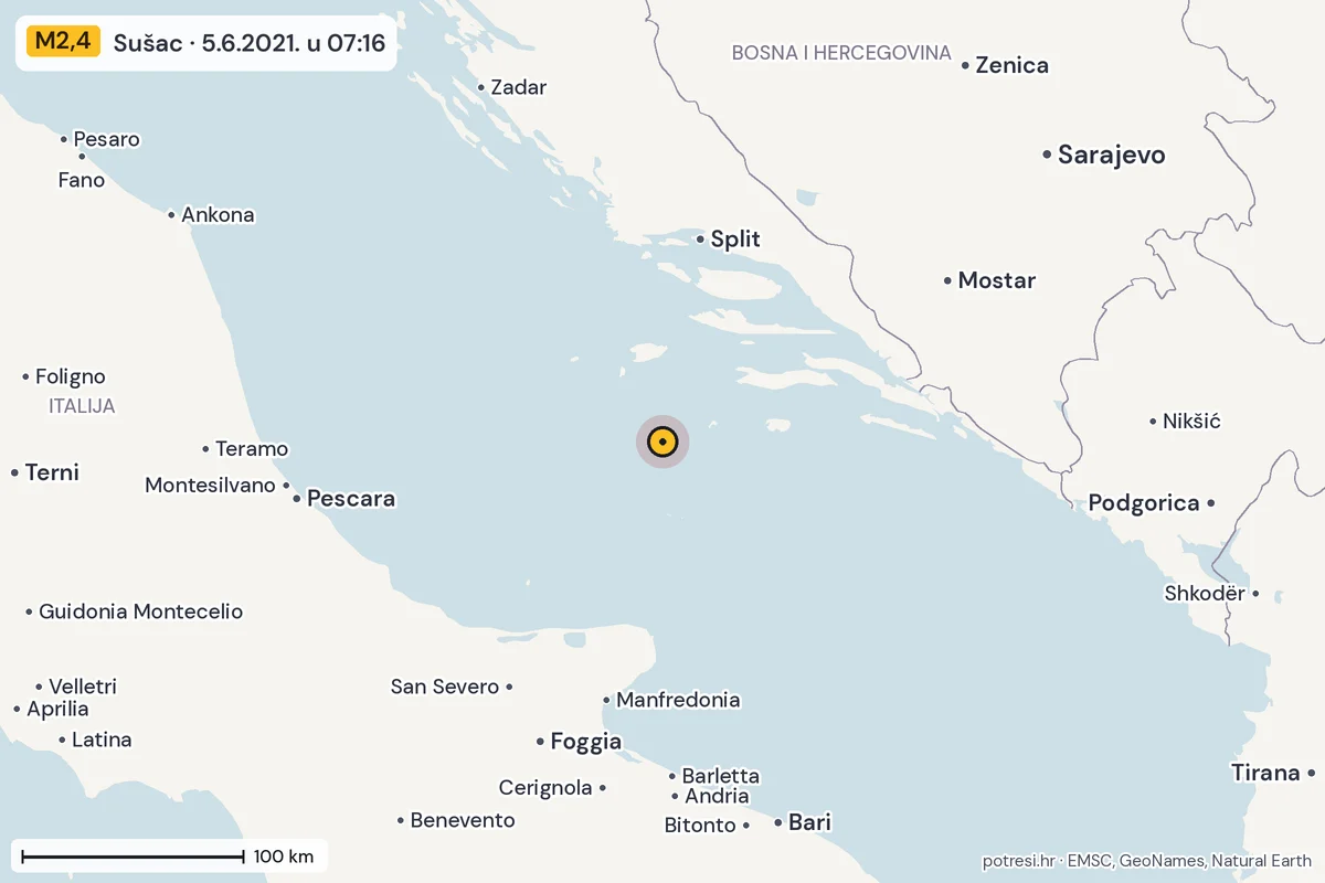 Karta: šire područje, 600 km, potres M2,4, Sušac, 5.6.2021.