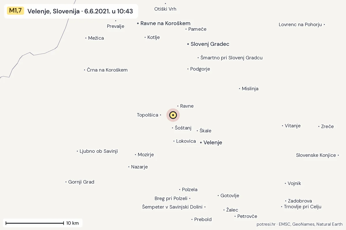 Karta: okolica epicentra, 60 km, potres M1,7, Velenje, Slovenija, 6.6.2021.