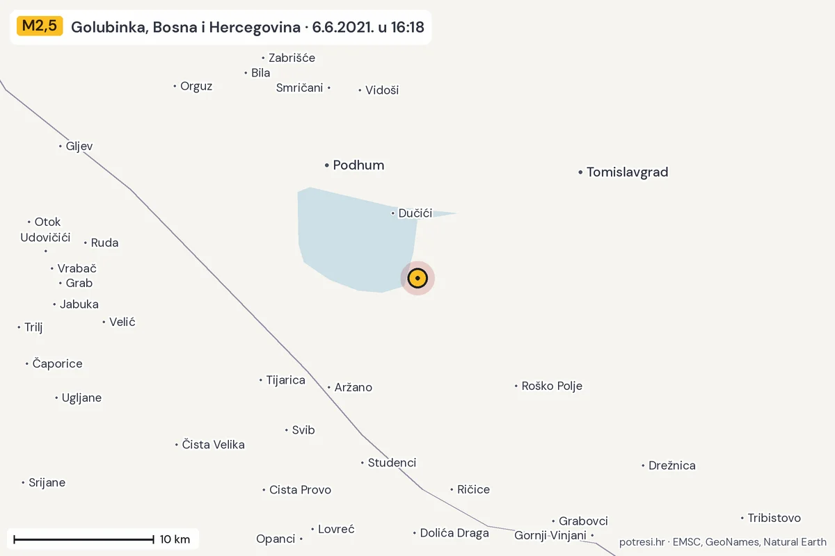 Karta: okolica epicentra, 60 km, potres M2,5, Golubinka, Bosna i Hercegovina, 6.6.2021.