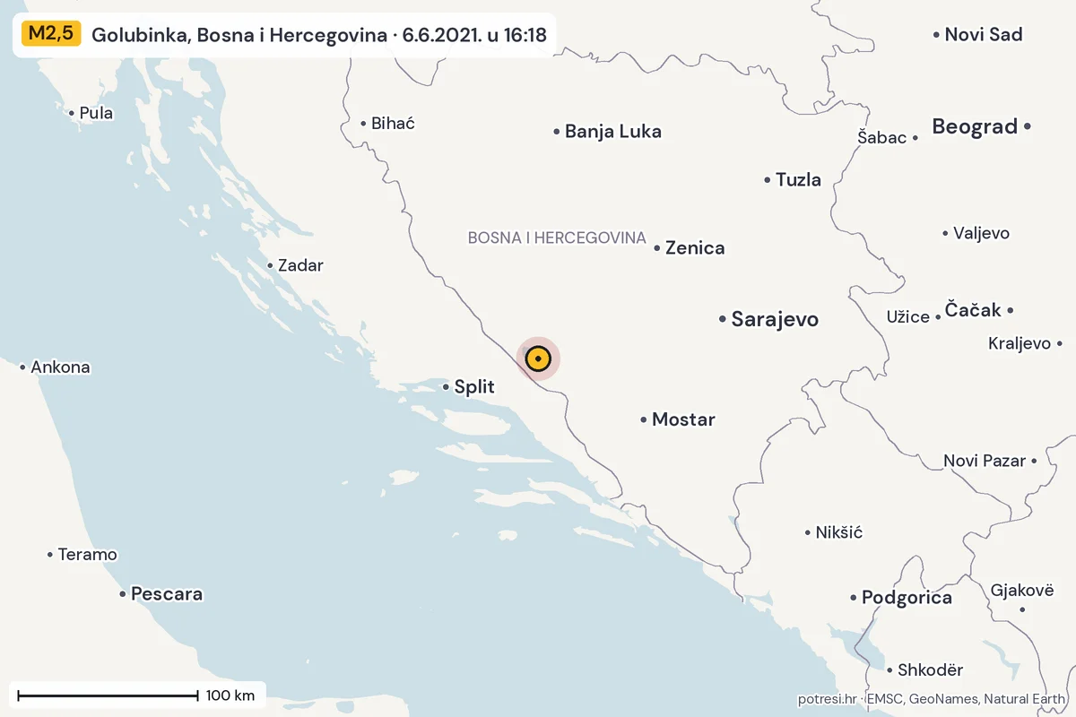 Karta: šire područje, 600 km, potres M2,5, Golubinka, Bosna i Hercegovina, 6.6.2021.