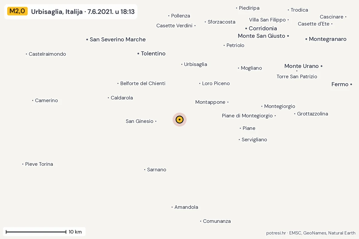 Karta: okolica epicentra, 60 km, potres M2,0, Urbisaglia, Italija, 7.6.2021.