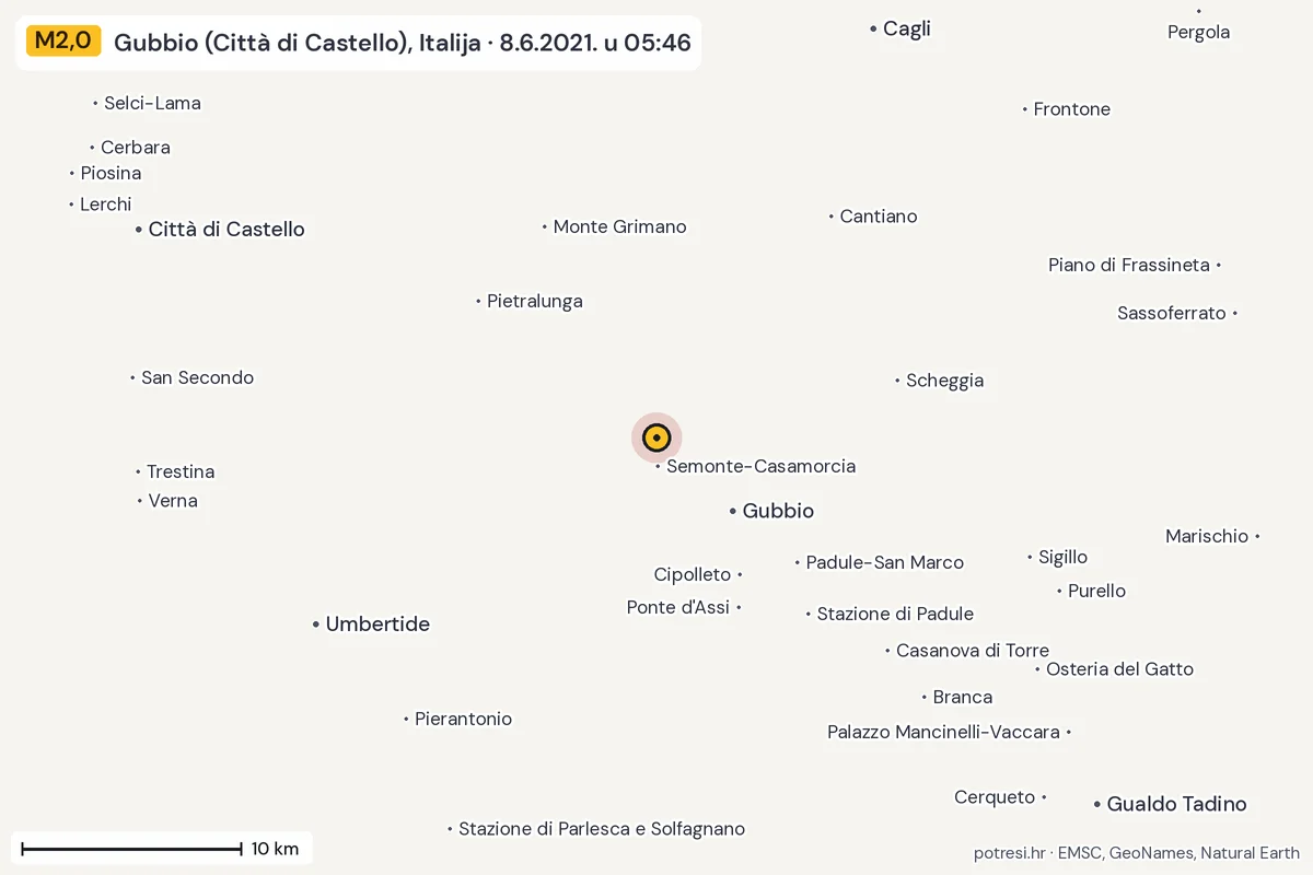 Karta: okolica epicentra, 60 km, potres M2,0, Gubbio (Città di Castello), Italija, 8.6.2021.