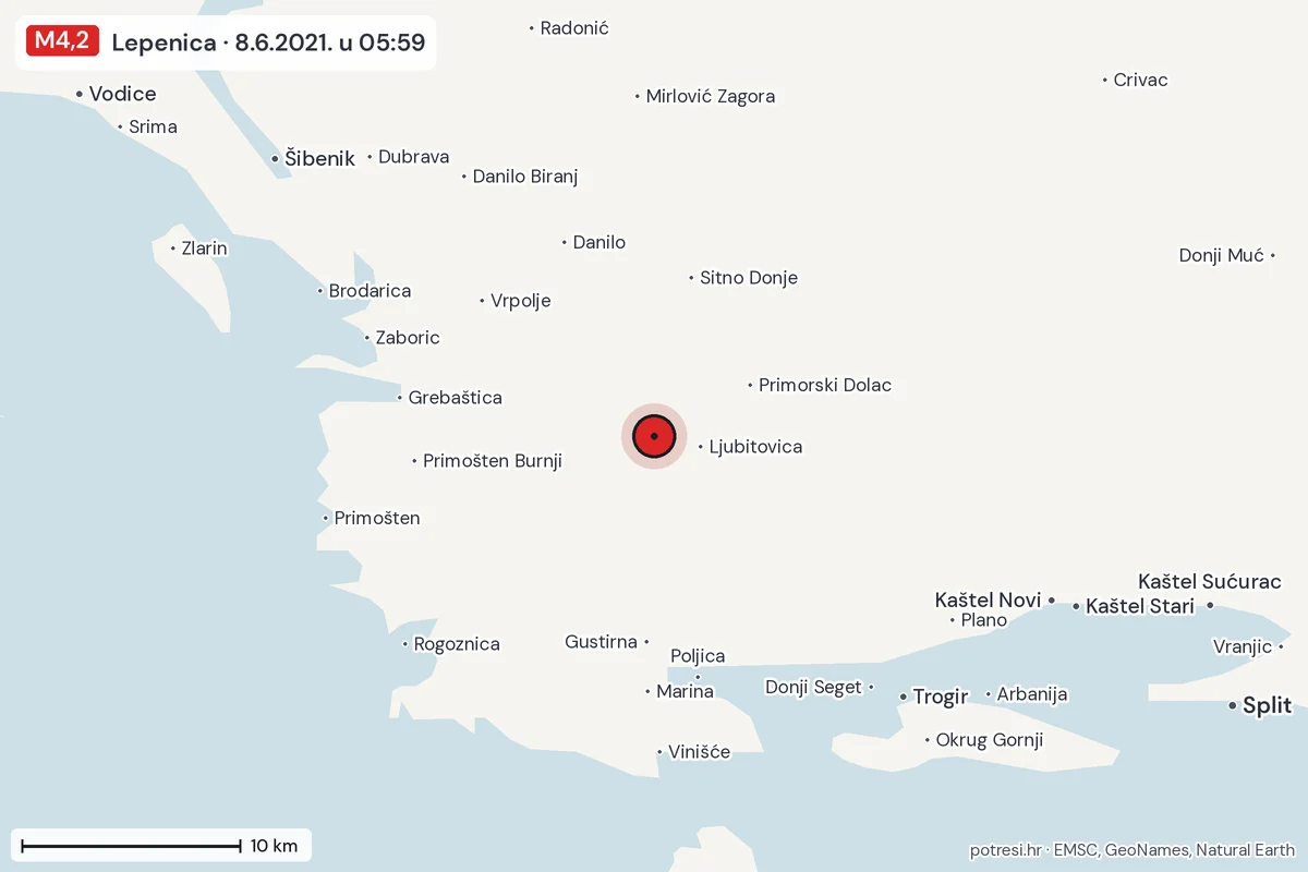 Karta: okolica epicentra, 60 km, potres M4,2, Lepenica, 8.6.2021.