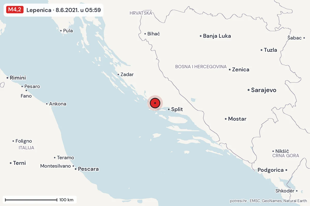 Karta: šire područje, 600 km, potres M4,2, Lepenica, 8.6.2021.