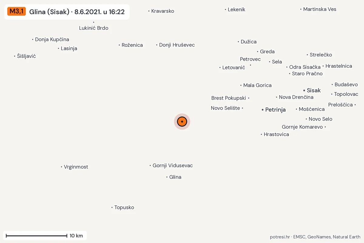 Karta: okolica epicentra, 60 km, potres M3,1, Glina (Sisak), 8.6.2021.
