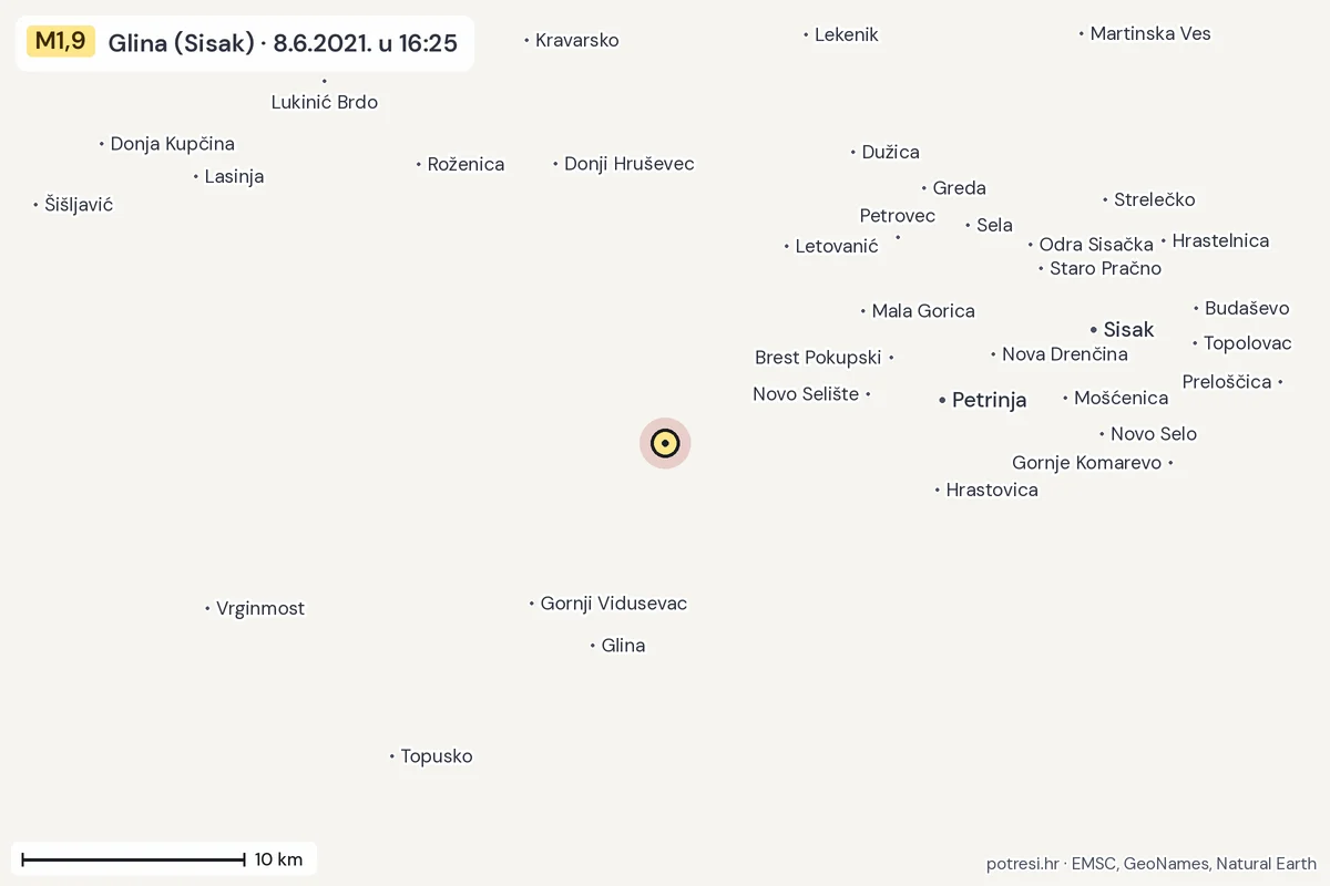 Karta: okolica epicentra, 60 km, potres M1,9, Glina (Sisak), 8.6.2021.