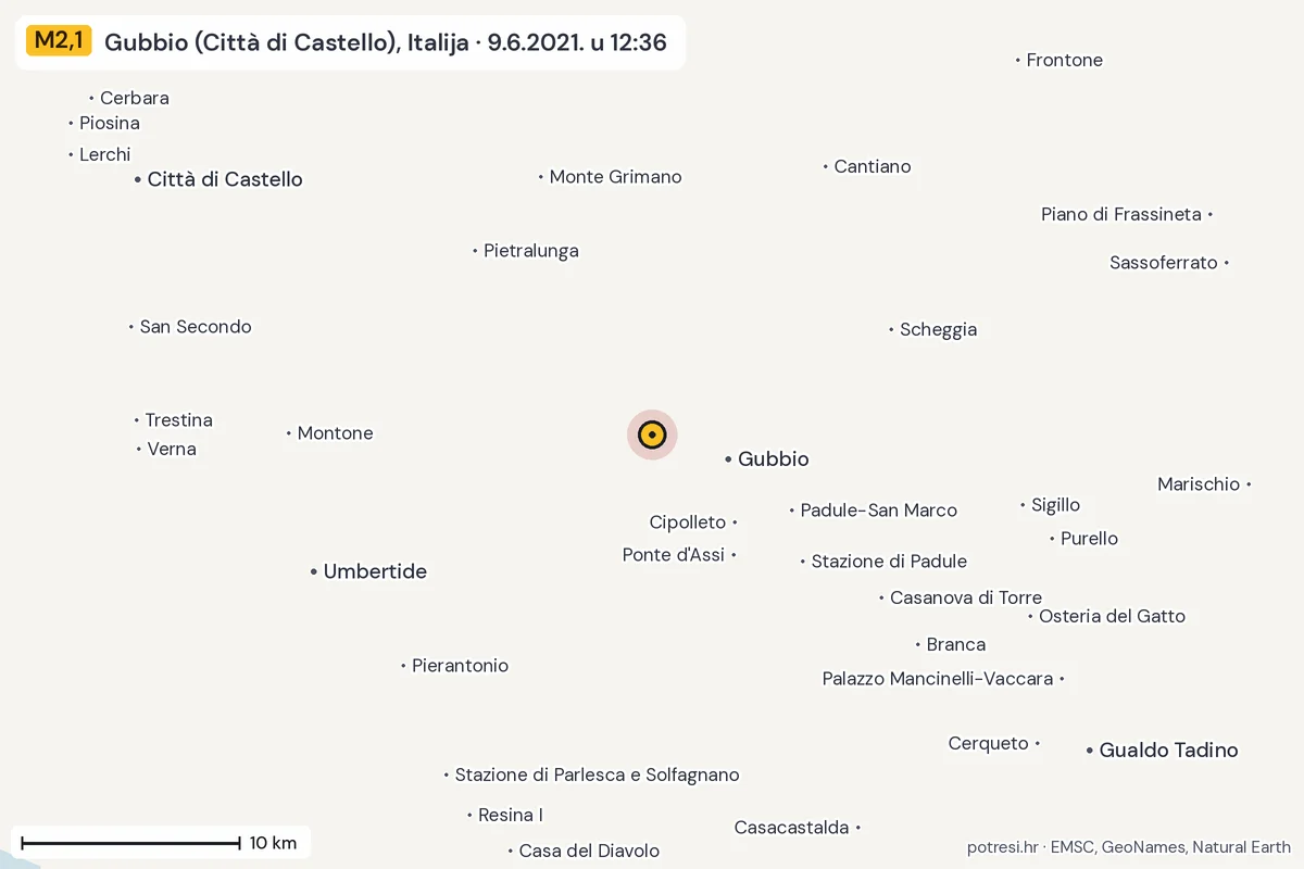 Karta: okolica epicentra, 60 km, potres M2,1, Gubbio (Città di Castello), Italija, 9.6.2021.