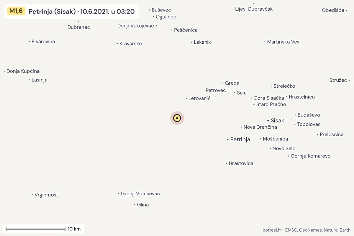 Karta: okolica epicentra, 60 km, potres M1,6, Petrinja (Sisak), 10.6.2021.