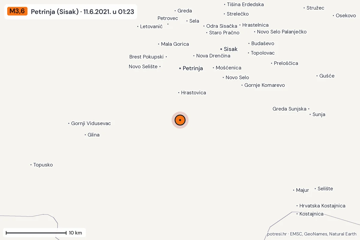 Karta: okolica epicentra, 60 km, potres M3,6, Petrinja (Sisak), 11.6.2021.