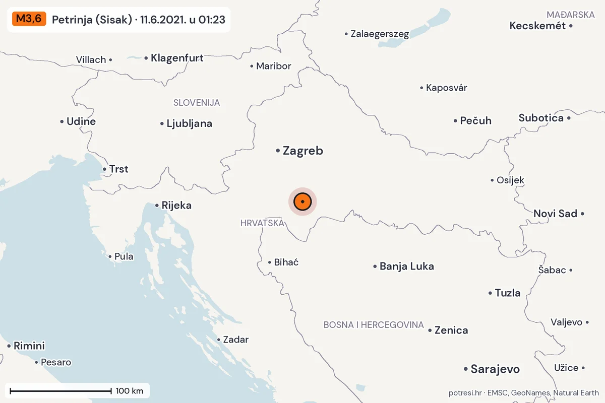 Karta: šire područje, 600 km, potres M3,6, Petrinja (Sisak), 11.6.2021.