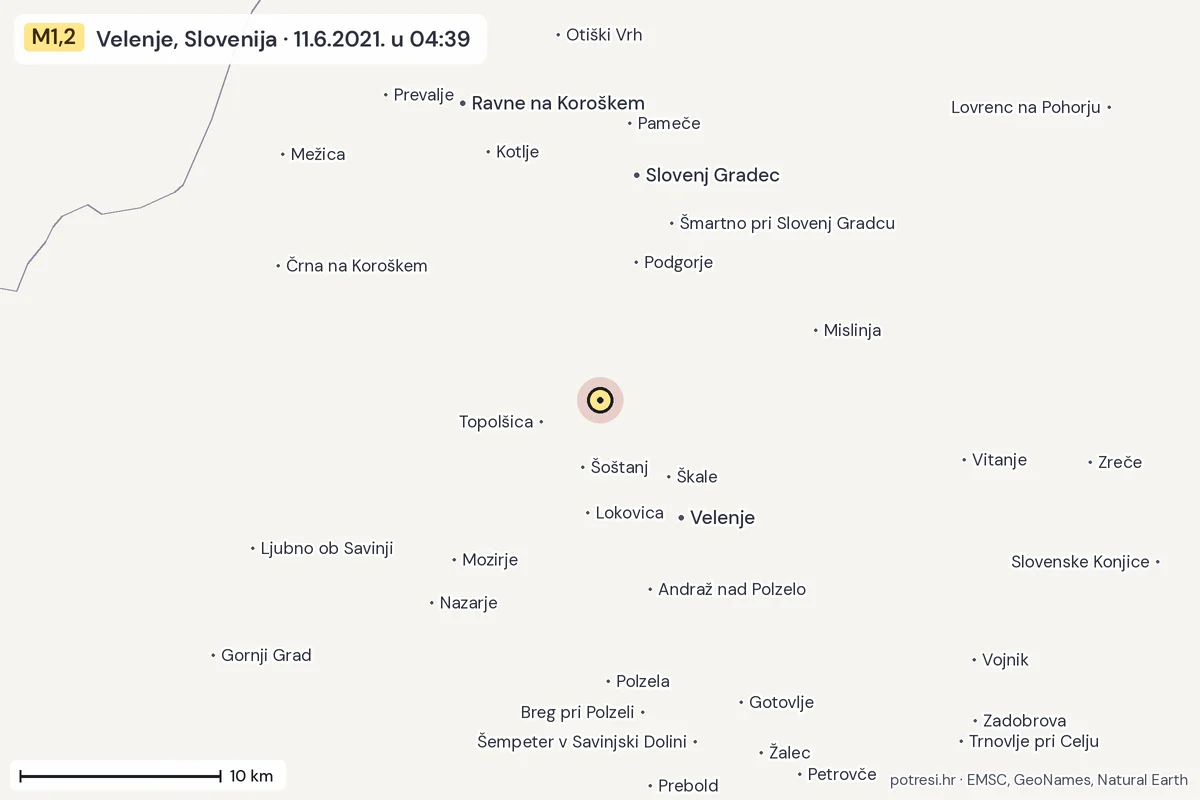 Karta: okolica epicentra, 60 km, potres M1,2, Velenje, Slovenija, 11.6.2021.