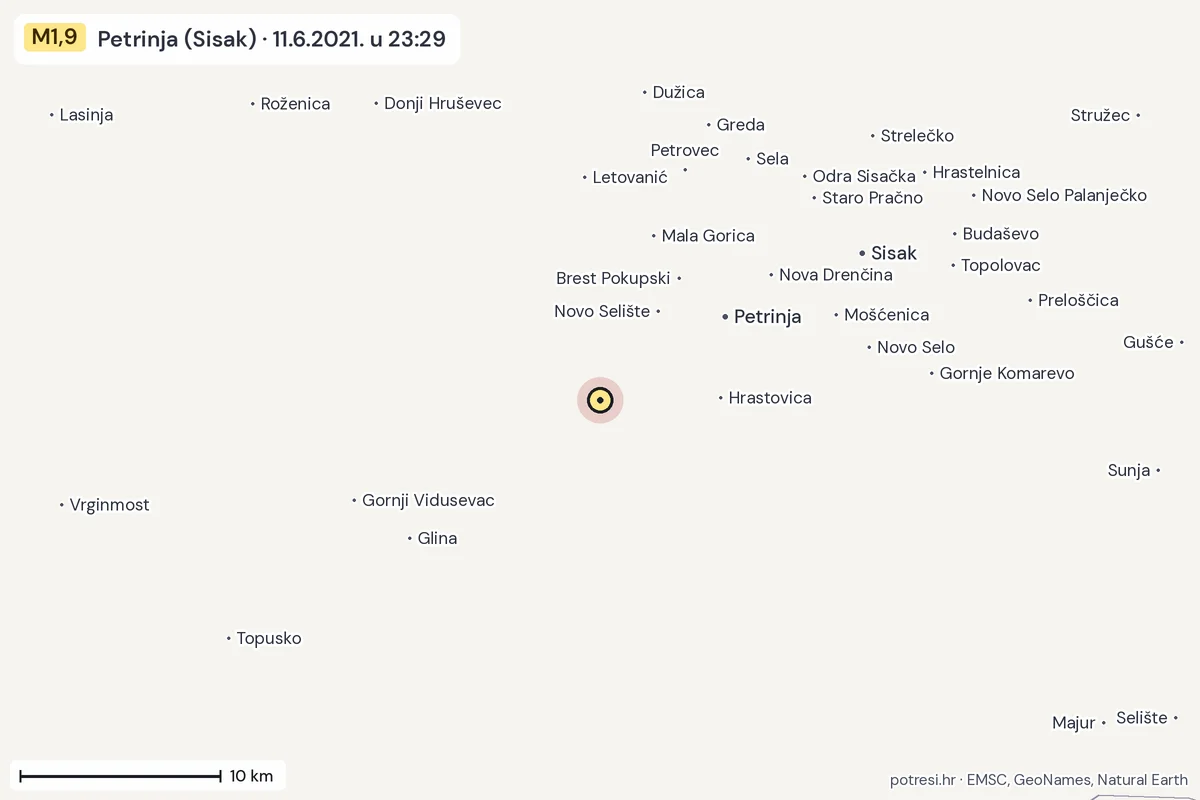 Karta: okolica epicentra, 60 km, potres M1,9, Petrinja (Sisak), 11.6.2021.