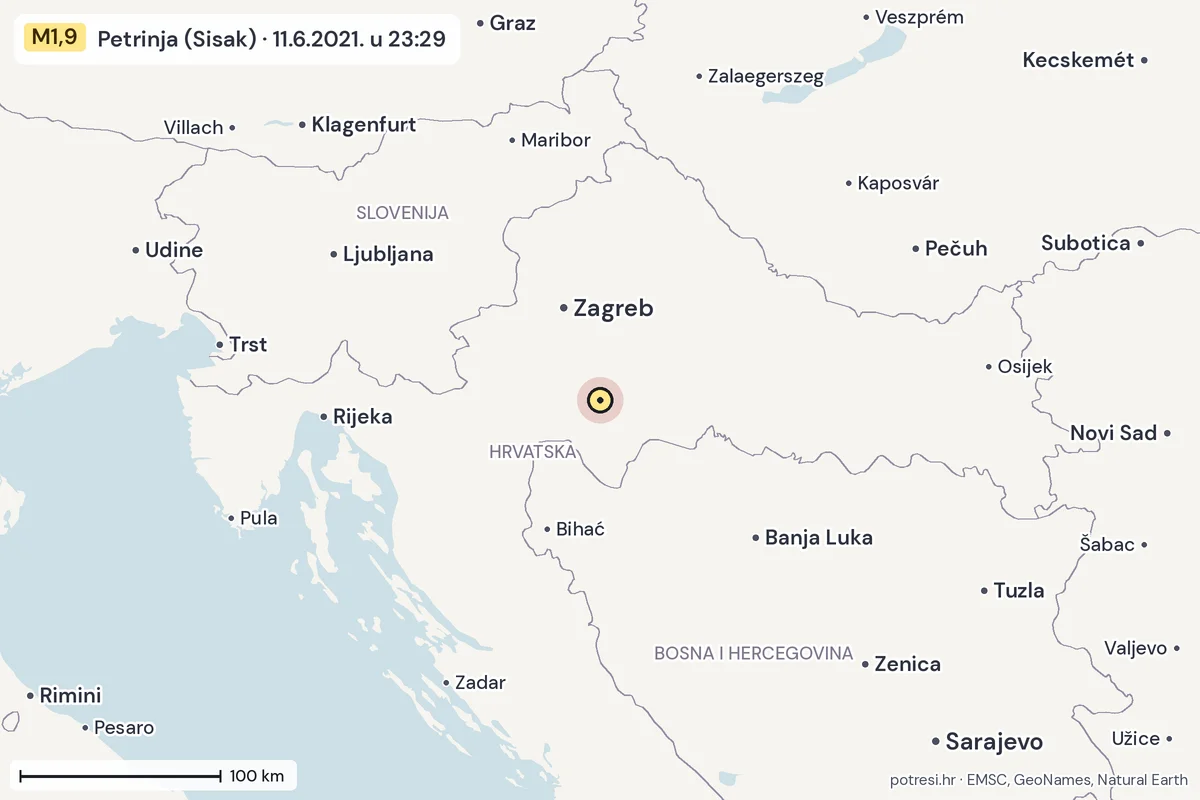 Karta: šire područje, 600 km, potres M1,9, Petrinja (Sisak), 11.6.2021.
