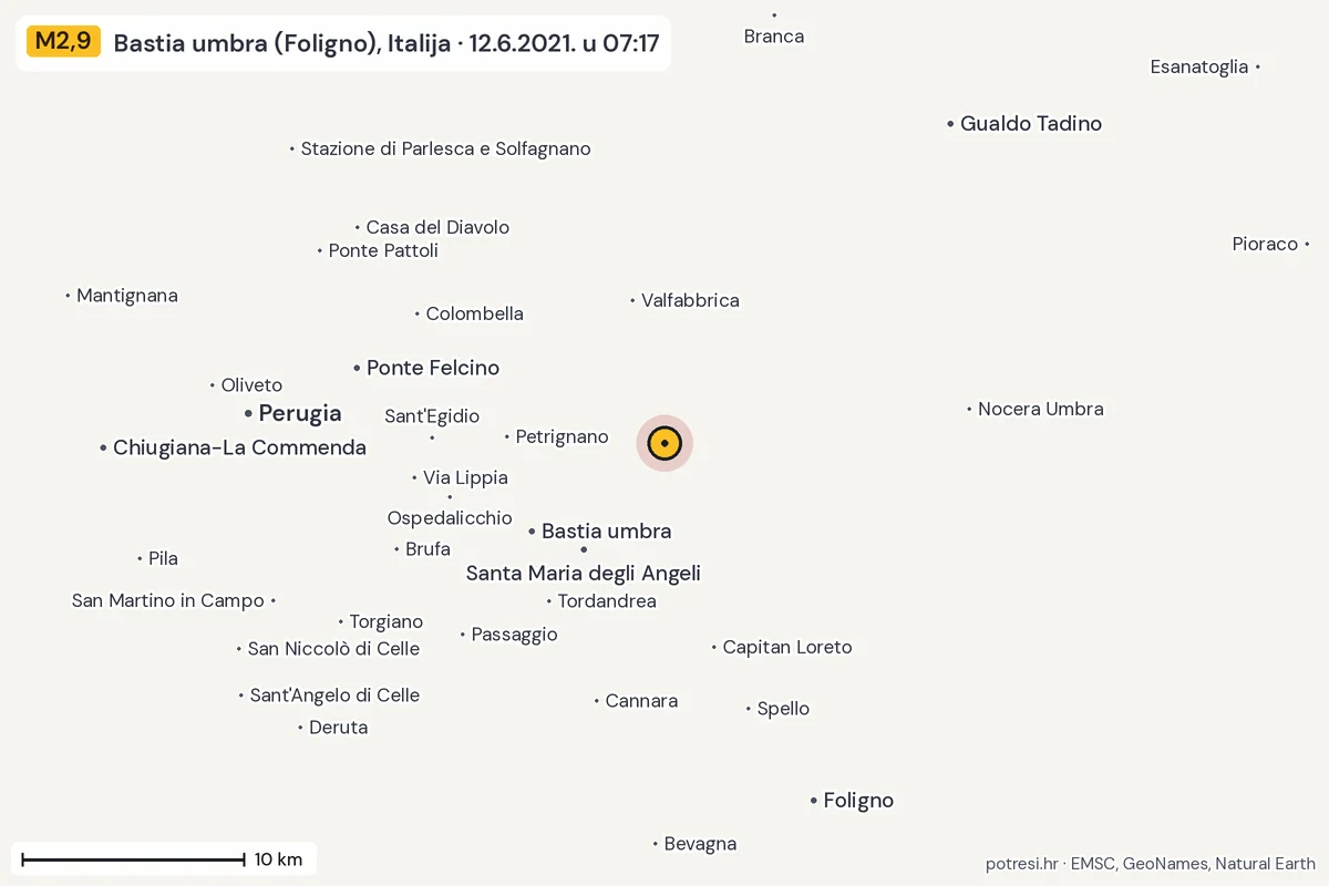Karta: okolica epicentra, 60 km, potres M2,9, Bastia umbra (Foligno), Italija, 12.6.2021.