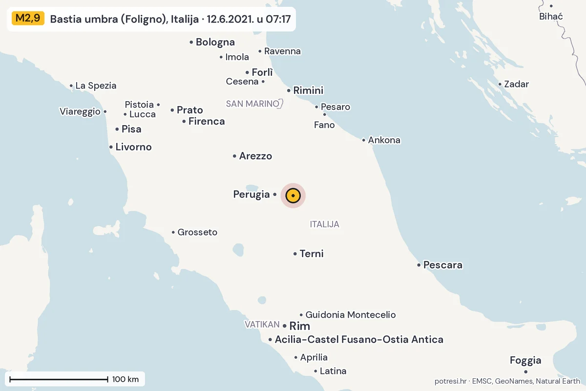 Karta: šire područje, 600 km, potres M2,9, Bastia umbra (Foligno), Italija, 12.6.2021.