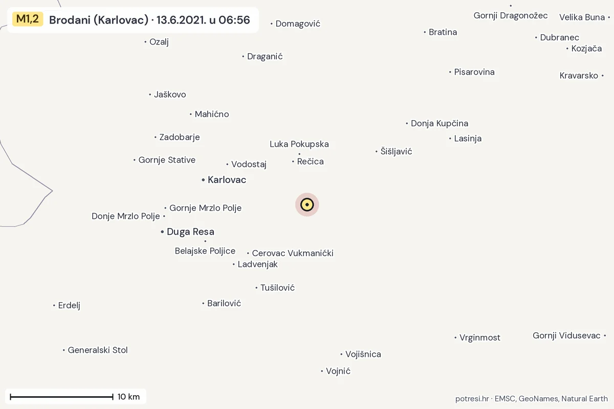 Karta: okolica epicentra, 60 km, potres M1,2, Brodani (Karlovac), 13.6.2021.