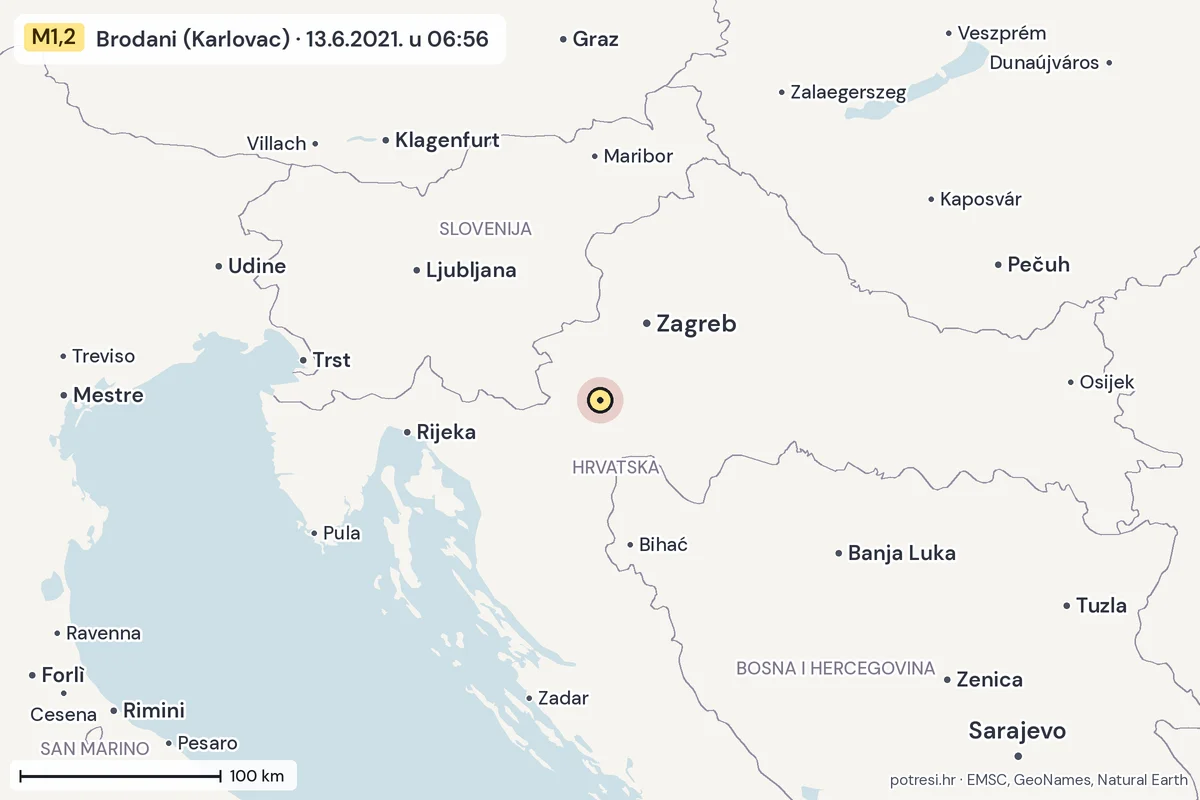 Karta: šire područje, 600 km, potres M1,2, Brodani (Karlovac), 13.6.2021.