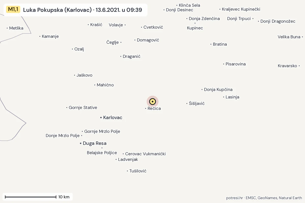 Karta: okolica epicentra, 60 km, potres M1,1, Luka Pokupska (Karlovac), 13.6.2021.