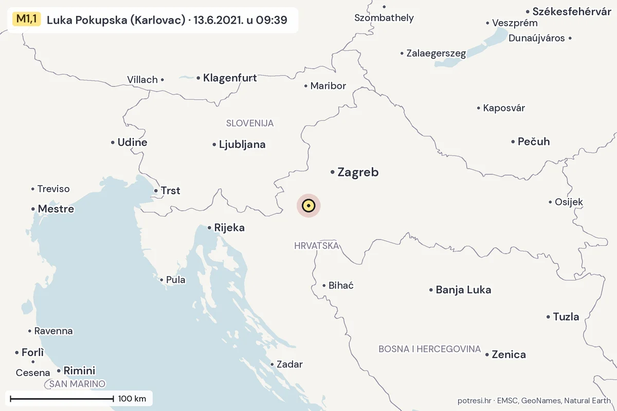 Karta: šire područje, 600 km, potres M1,1, Luka Pokupska (Karlovac), 13.6.2021.