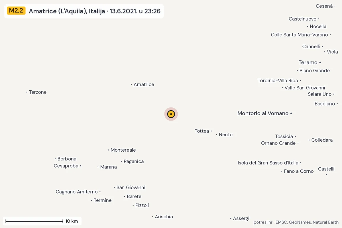 Karta: okolica epicentra, 60 km, potres M2,2, Amatrice (L'Aquila), Italija, 13.6.2021.