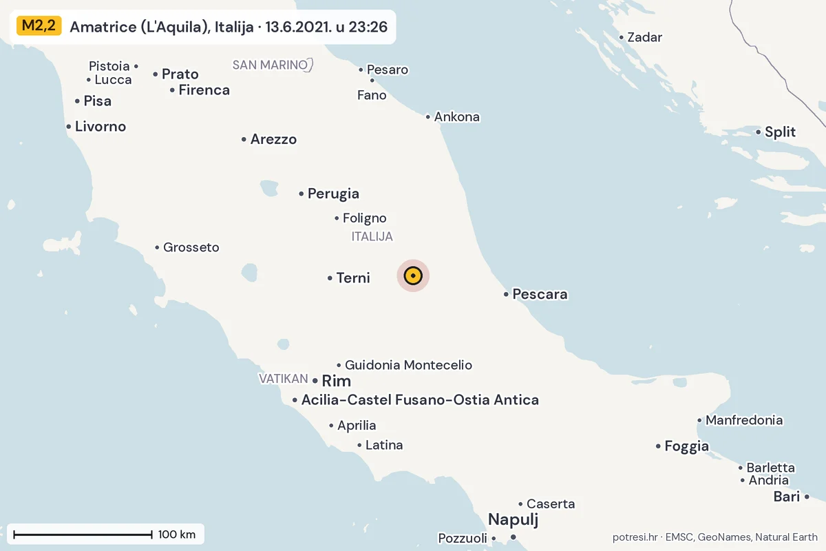 Karta: šire područje, 600 km, potres M2,2, Amatrice (L'Aquila), Italija, 13.6.2021.