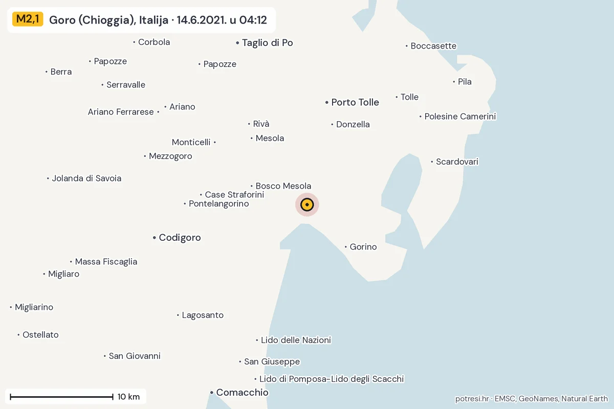 Karta: okolica epicentra, 60 km, potres M2,1, Goro (Chioggia), Italija, 14.6.2021.