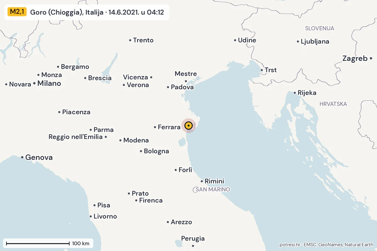 Karta: šire područje, 600 km, potres M2,1, Goro (Chioggia), Italija, 14.6.2021.