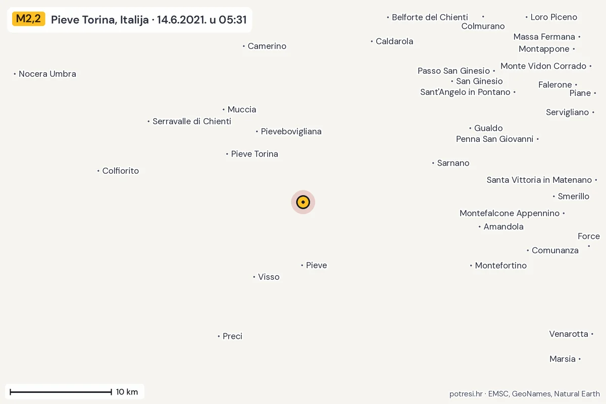Karta: okolica epicentra, 60 km, potres M2,2, Pieve Torina, Italija, 14.6.2021.