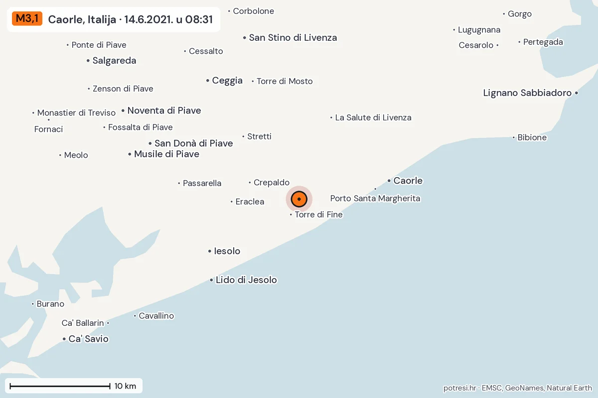 Karta: okolica epicentra, 60 km, potres M3,1, Caorle, Italija, 14.6.2021.