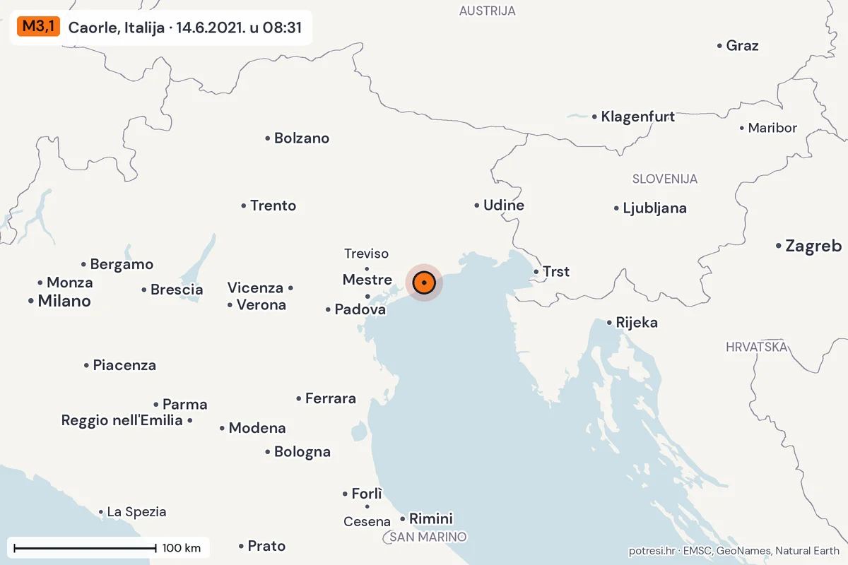 Karta: šire područje, 600 km, potres M3,1, Caorle, Italija, 14.6.2021.