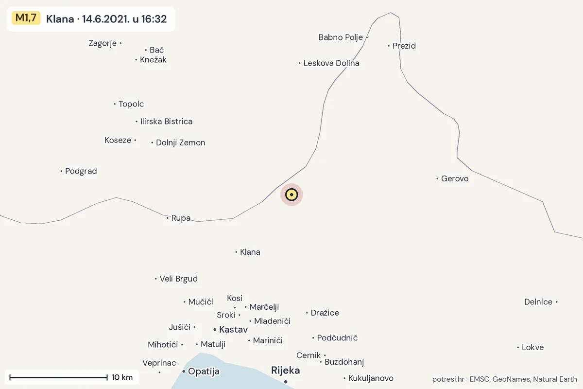 Karta: okolica epicentra, 60 km, potres M1,7, Klana, 14.6.2021.