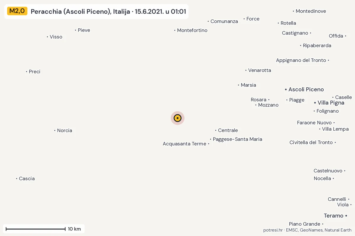 Karta: okolica epicentra, 60 km, potres M2,0, Peracchia (Ascoli Piceno), Italija, 15.6.2021.