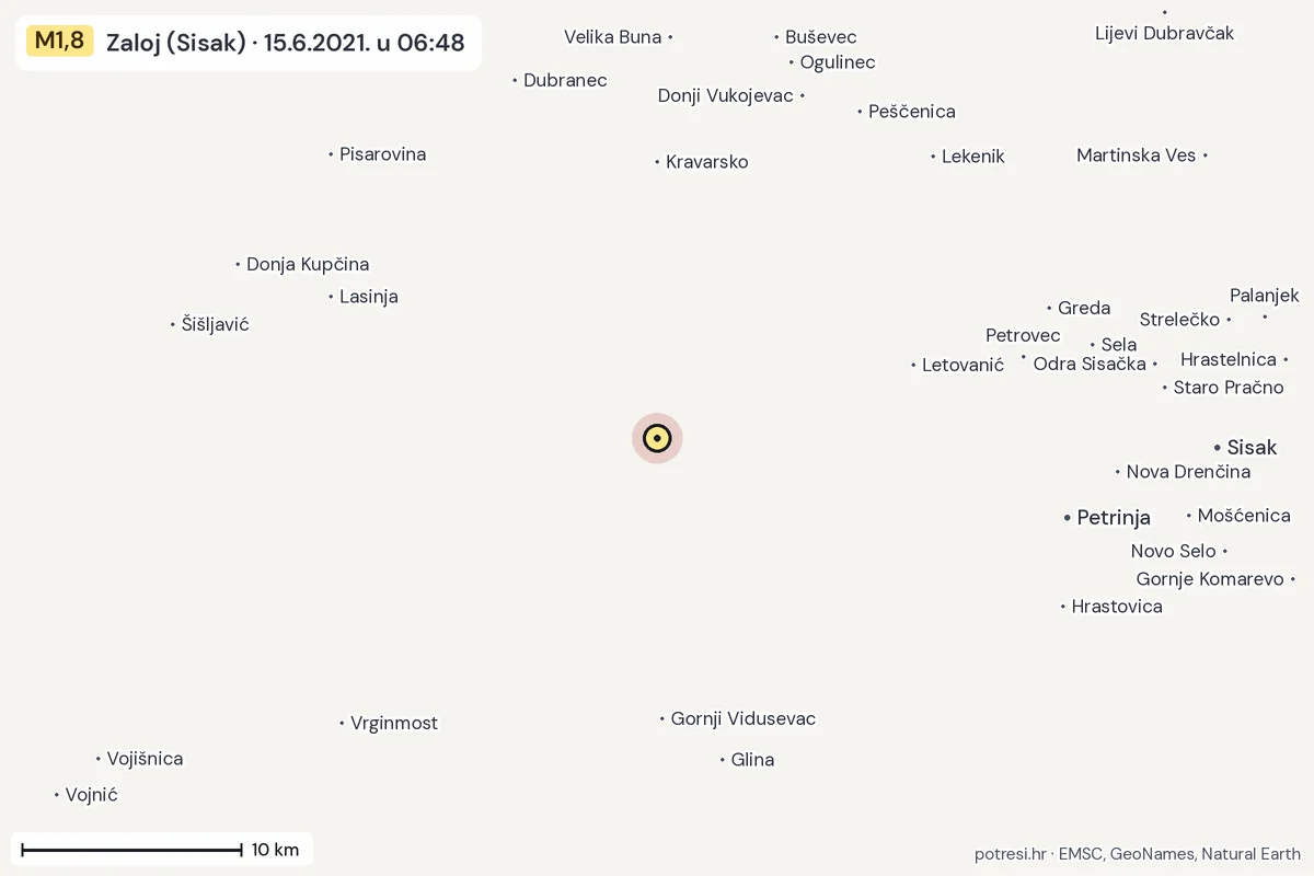 Karta: okolica epicentra, 60 km, potres M1,8, Zaloj (Sisak), 15.6.2021.