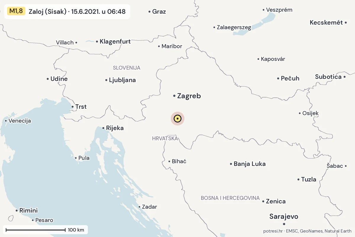 Karta: šire područje, 600 km, potres M1,8, Zaloj (Sisak), 15.6.2021.